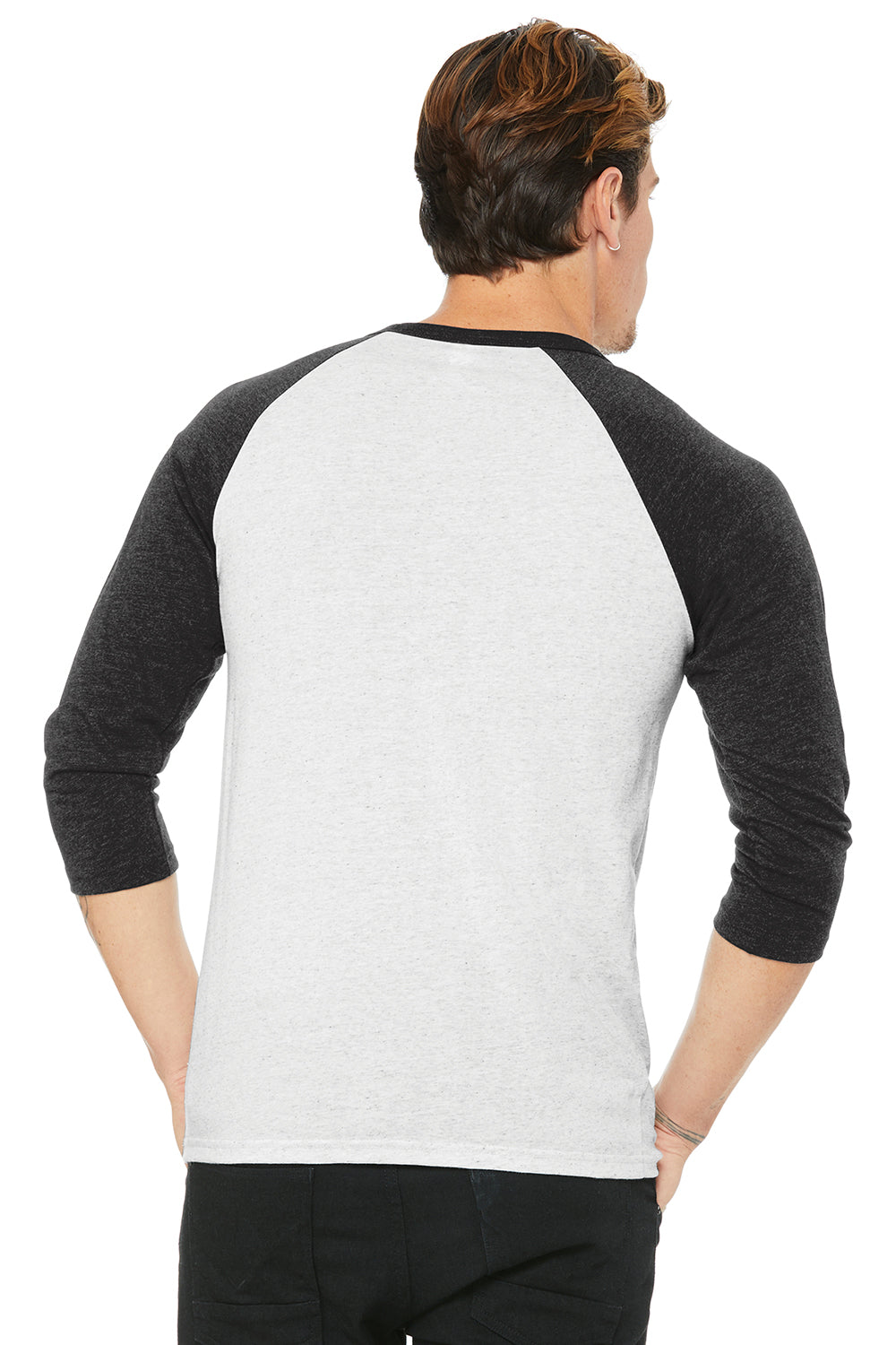 Bella + Canvas BC3200/3200 Mens 3/4 Sleeve Crewneck T-Shirt White Fleck/Charcoal Model Back