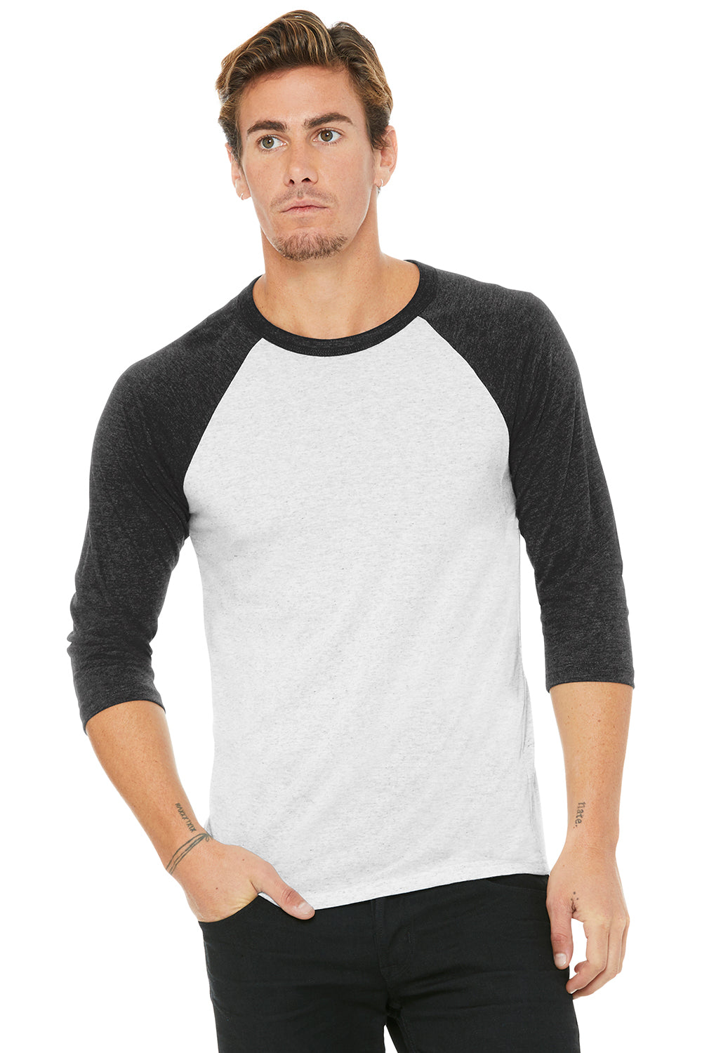 Bella + Canvas BC3200/3200 Mens 3/4 Sleeve Crewneck T-Shirt White Fleck/Charcoal Model Front