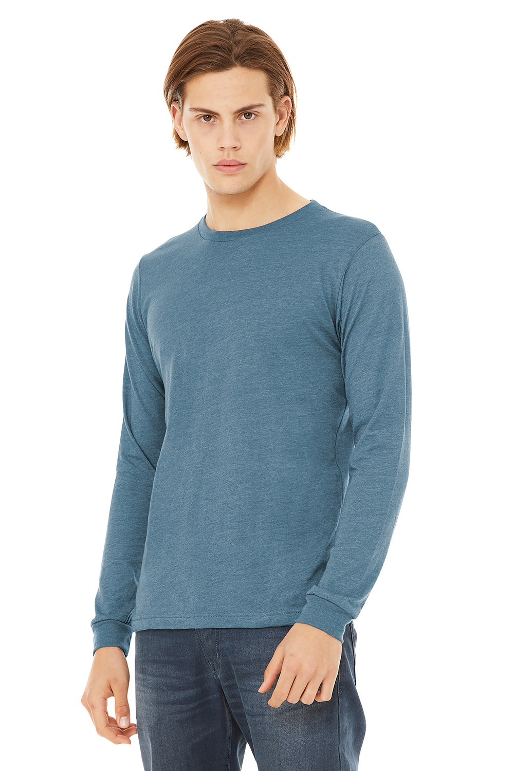 Bella + Canvas BC3513 Mens Long Sleeve Crewneck T-Shirt Denim Blue Model 3Q