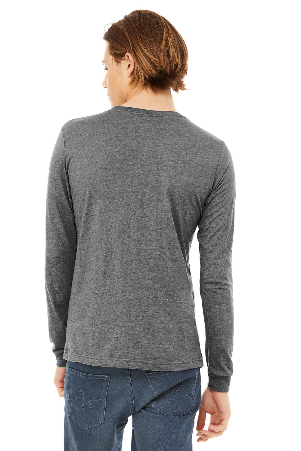 Bella + Canvas BC3513 Mens Long Sleeve Crewneck T-Shirt Grey Model Back