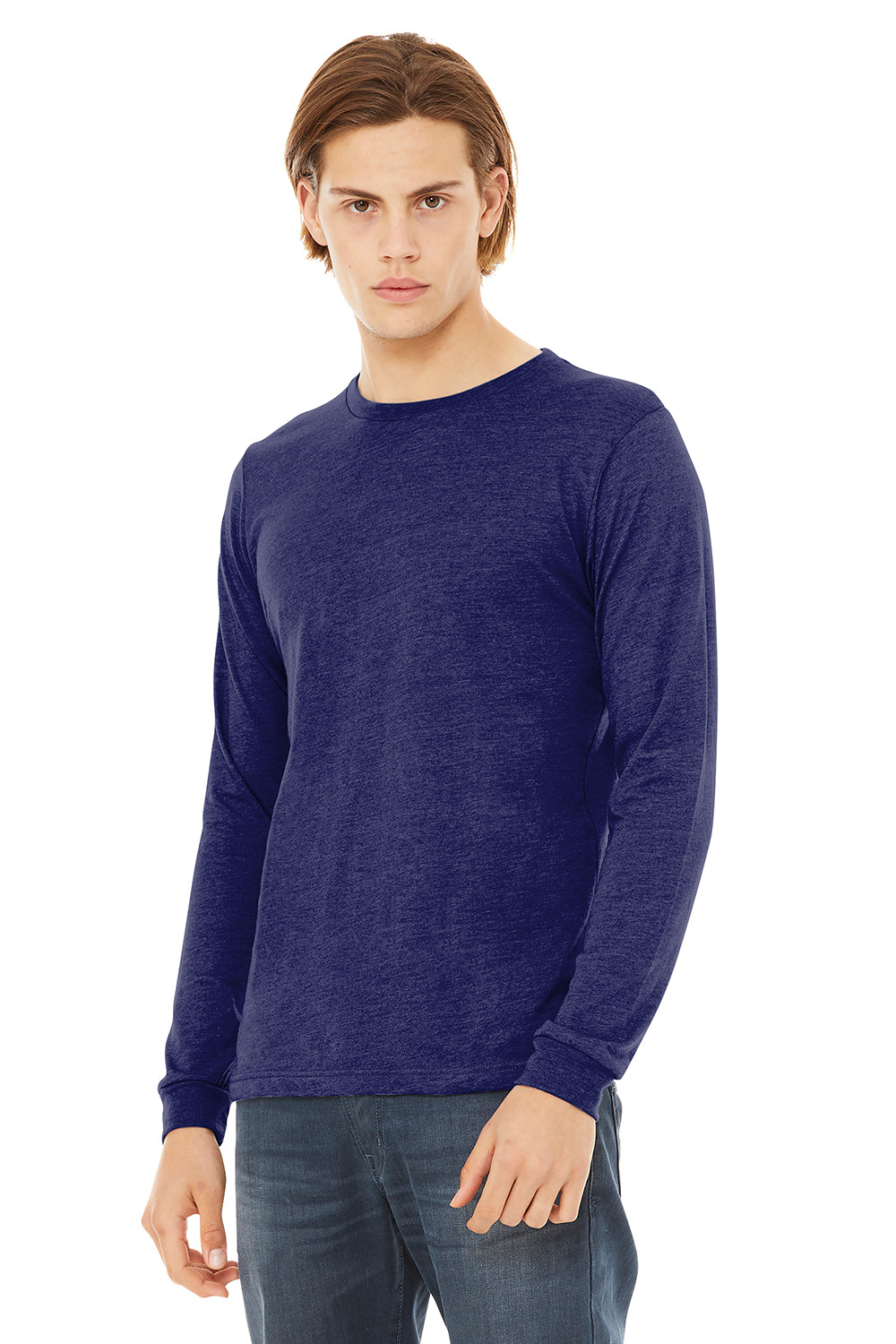 Bella + Canvas BC3513 Mens Long Sleeve Crewneck T-Shirt Navy Blue Model 3Q