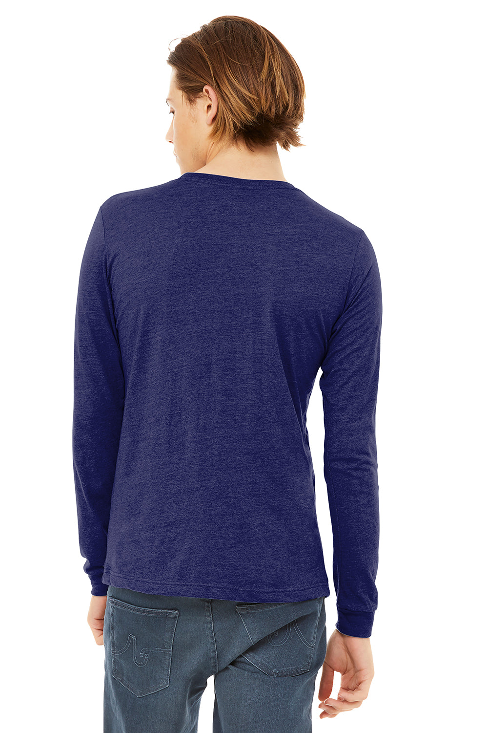 Bella + Canvas BC3513 Mens Long Sleeve Crewneck T-Shirt Navy Blue Model Back