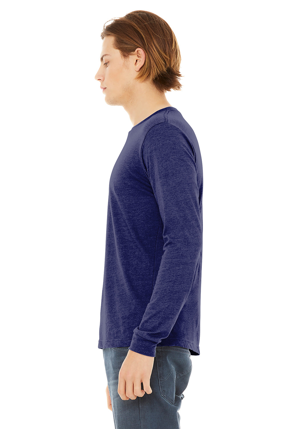 Bella + Canvas BC3513 Mens Long Sleeve Crewneck T-Shirt Navy Blue Model Side