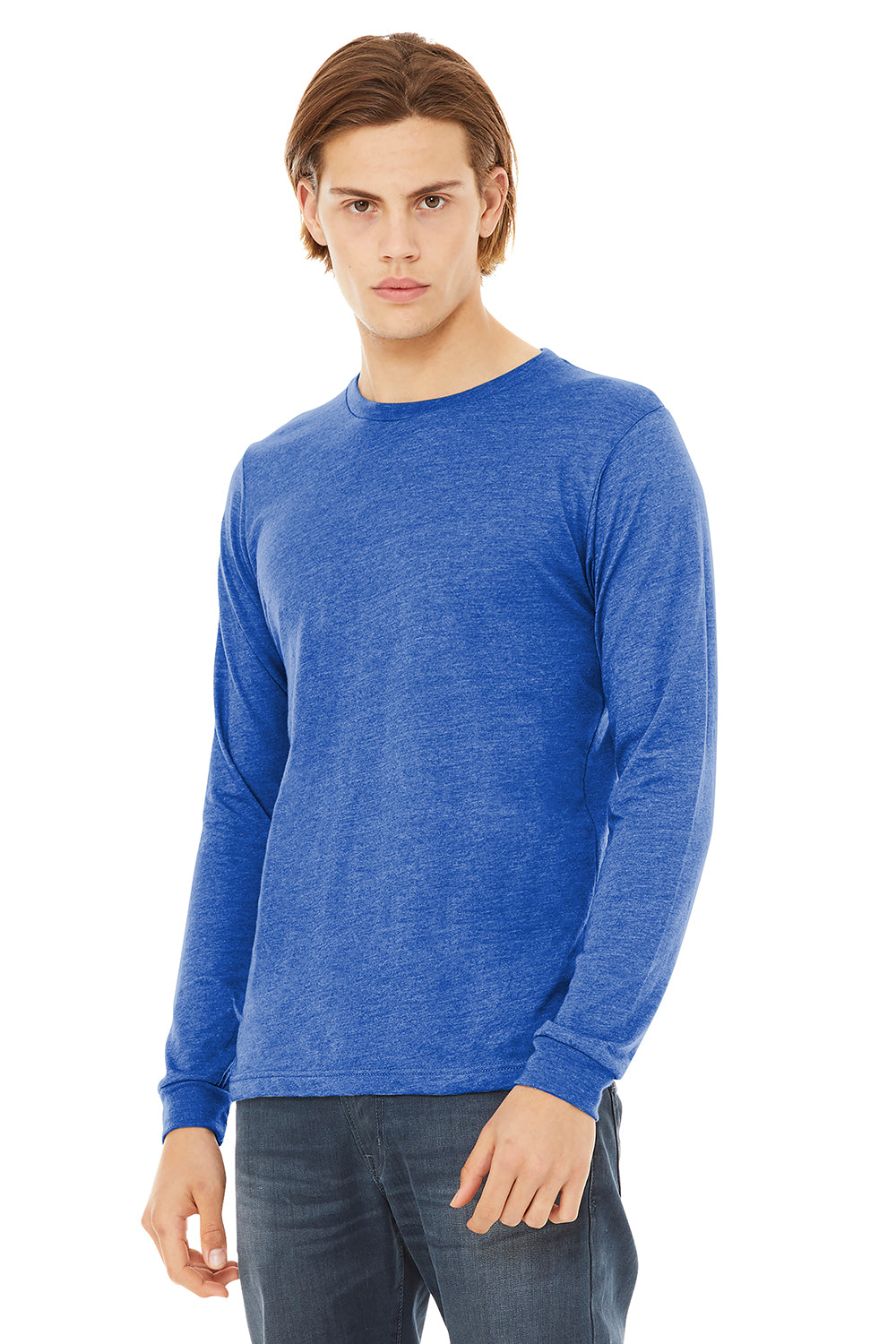 Bella + Canvas BC3513 Mens Long Sleeve Crewneck T-Shirt True Royal Blue Model 3Q