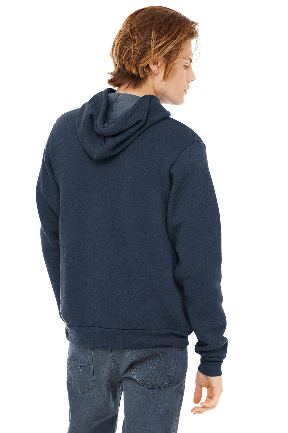 Bella + Canvas BC3719/3719 Mens Sponge Fleece Hooded Sweatshirt Hoodie Heather Navy Blue Model Back