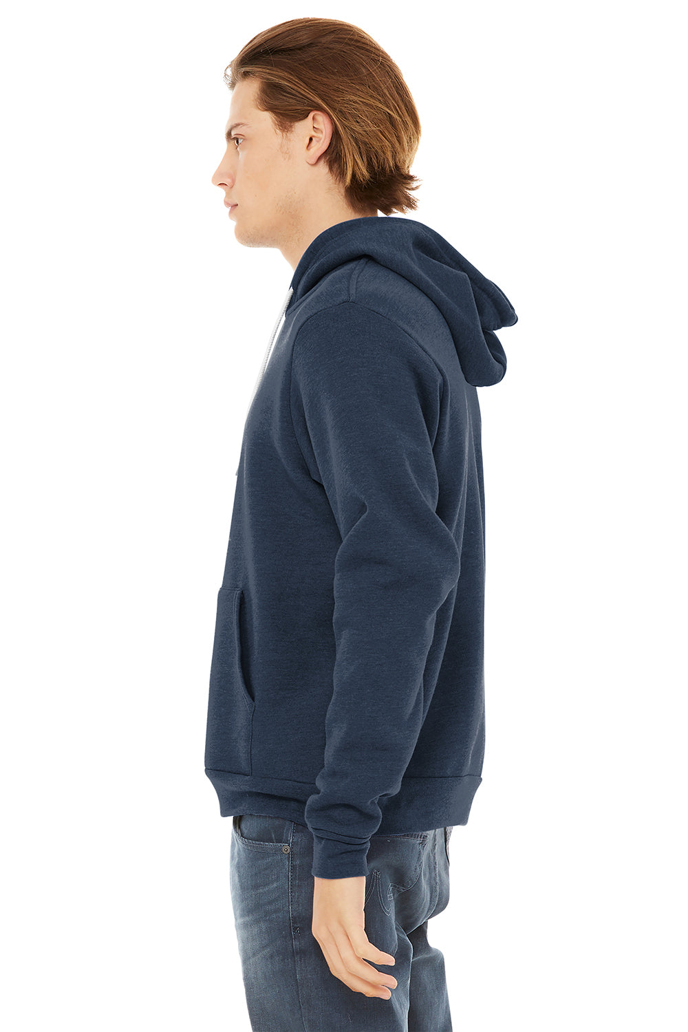 Bella + Canvas BC3719/3719 Mens Sponge Fleece Hooded Sweatshirt Hoodie Heather Navy Blue Model Side