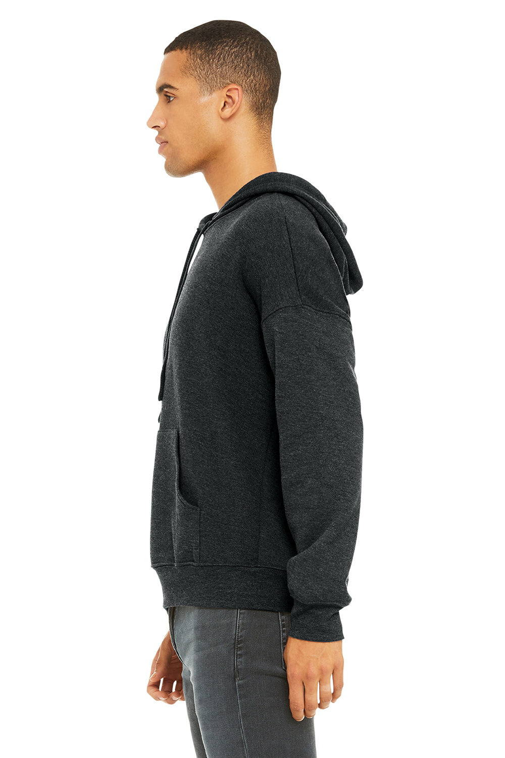 Bella + Canvas BC3729/3729 Mens Sponge Fleece Hooded Sweatshirt Hoodie Heather Dark Grey Model Side