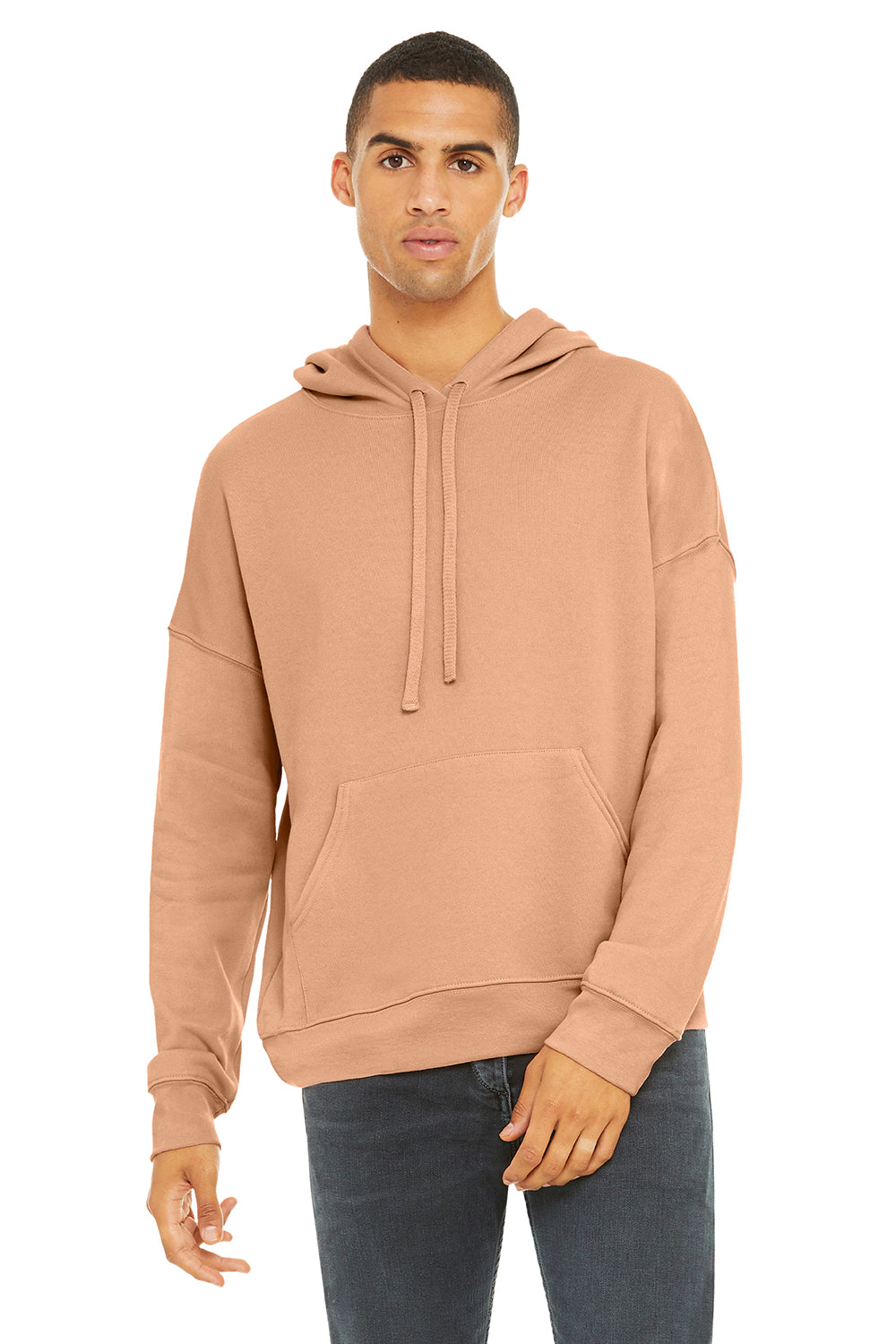 Bella + Canvas BC3729/3729 Mens Sponge Fleece Hooded Sweatshirt Hoodie Peach Model Front