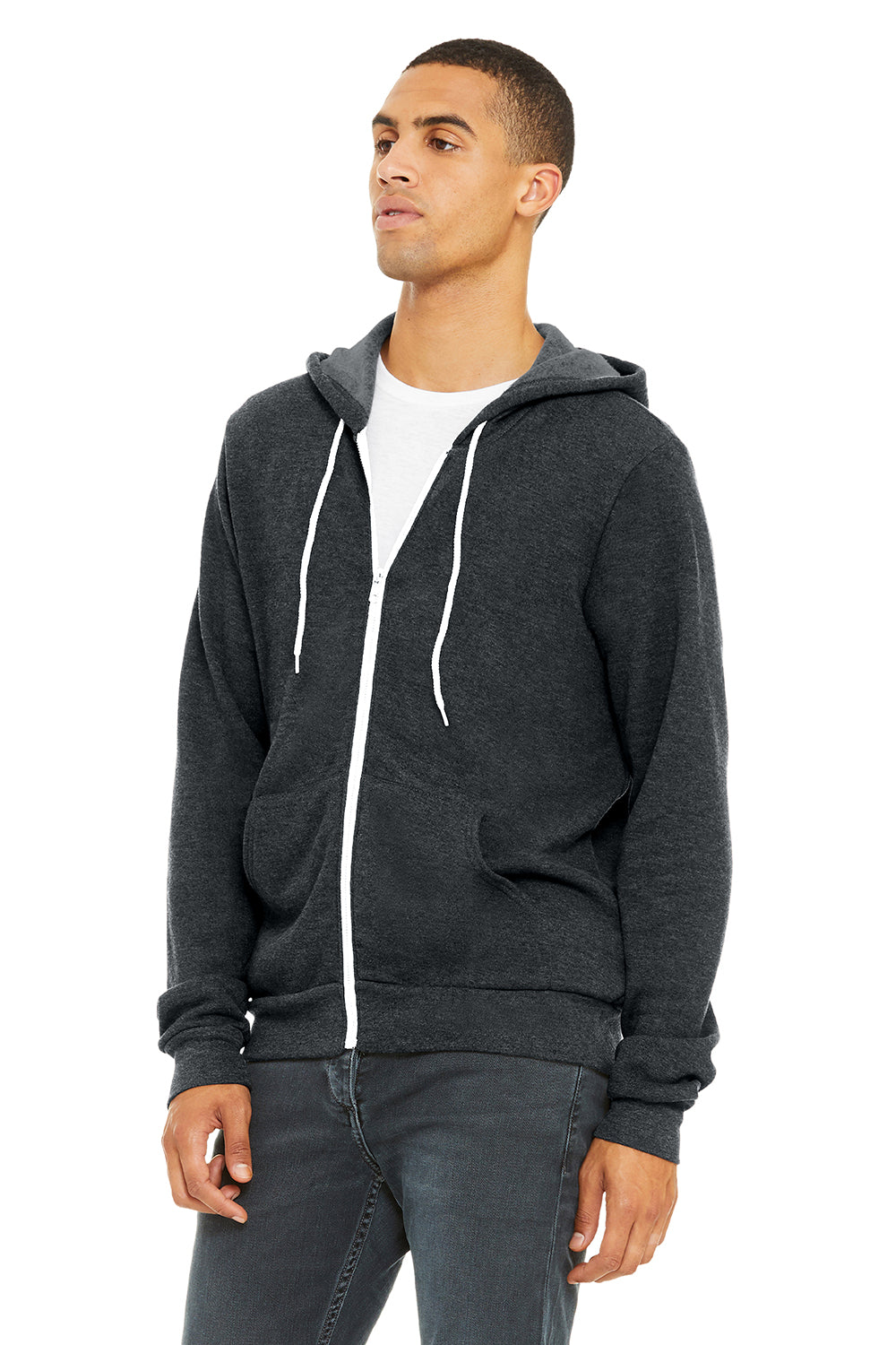 Bella + Canvas BC3739/3739 Mens Fleece Full Zip Hooded Sweatshirt Hoodie Heather Dark Grey Model 3Q