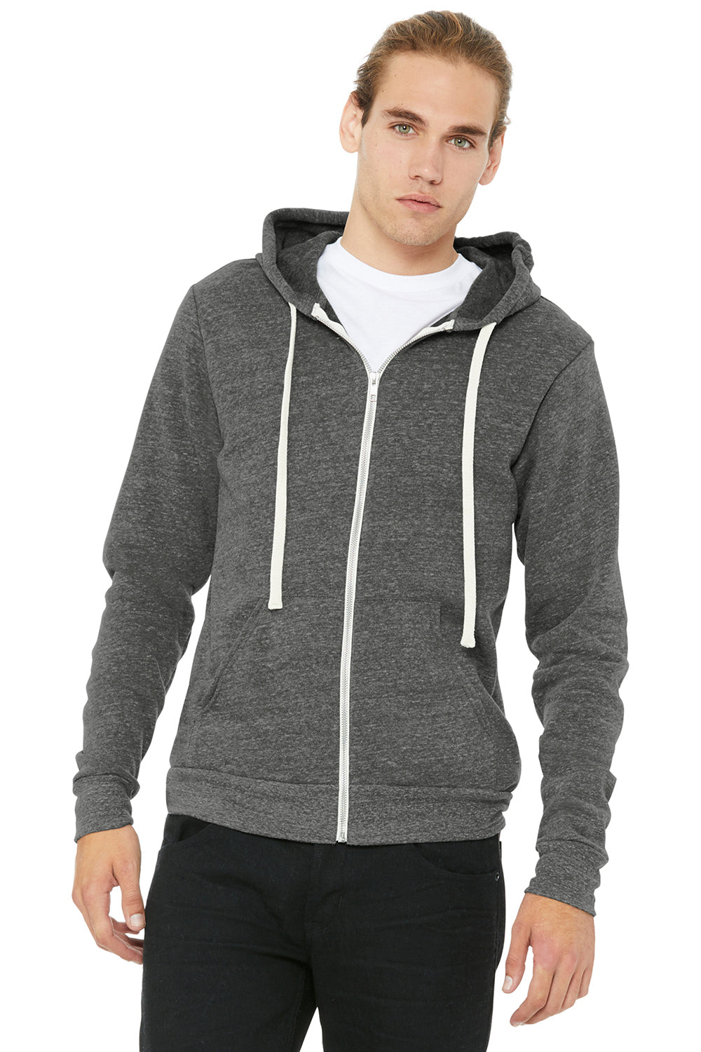 Bella + Canvas BC3909/3909 Mens Sponge Fleece Full Zip Hooded Sweatshirt Hoodie Grey Model Front