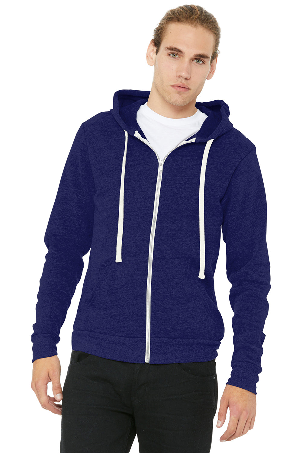 Bella + Canvas BC3909/3909 Mens Sponge Fleece Full Zip Hooded Sweatshirt Hoodie Navy Blue Model Front