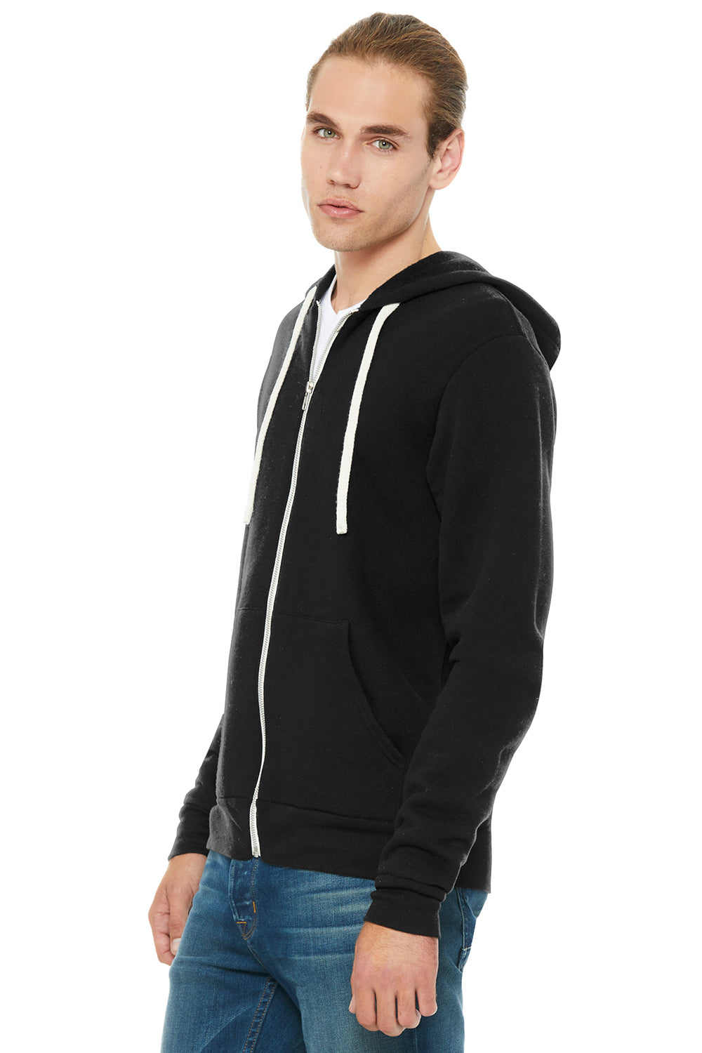 Bella + Canvas BC3909/3909 Mens Sponge Fleece Full Zip Hooded Sweatshirt Hoodie Solid Black Model 3Q