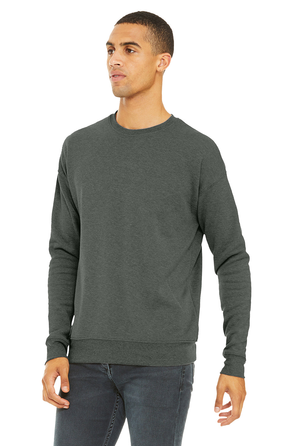 Bella + Canvas BC3945/3945 Mens Fleece Crewneck Sweatshirt Heather Deep Grey Model 3Q