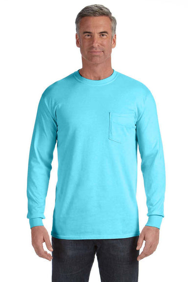 Comfort Colors 4410/C4410 Mens Long Sleeve Crewneck T-Shirt w/ Pocket Lagoon Blue Model Front