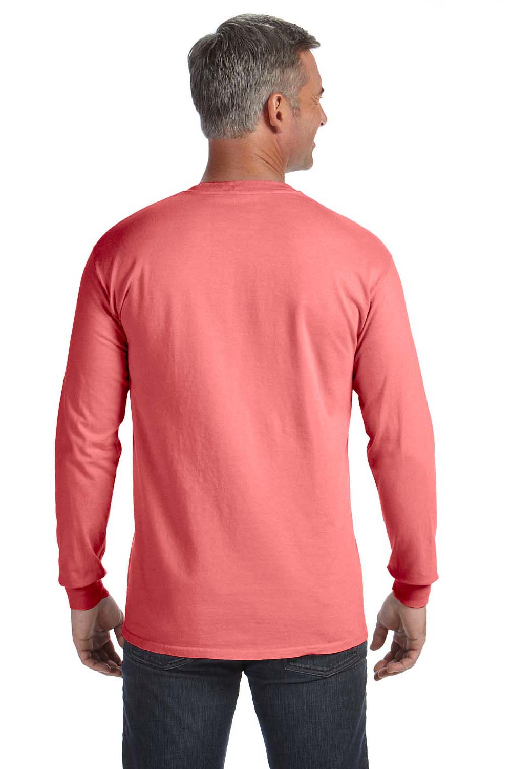 Comfort Colors 4410/C4410 Mens Long Sleeve Crewneck T-Shirt w/ Pocket Watermelon Pink Model Back