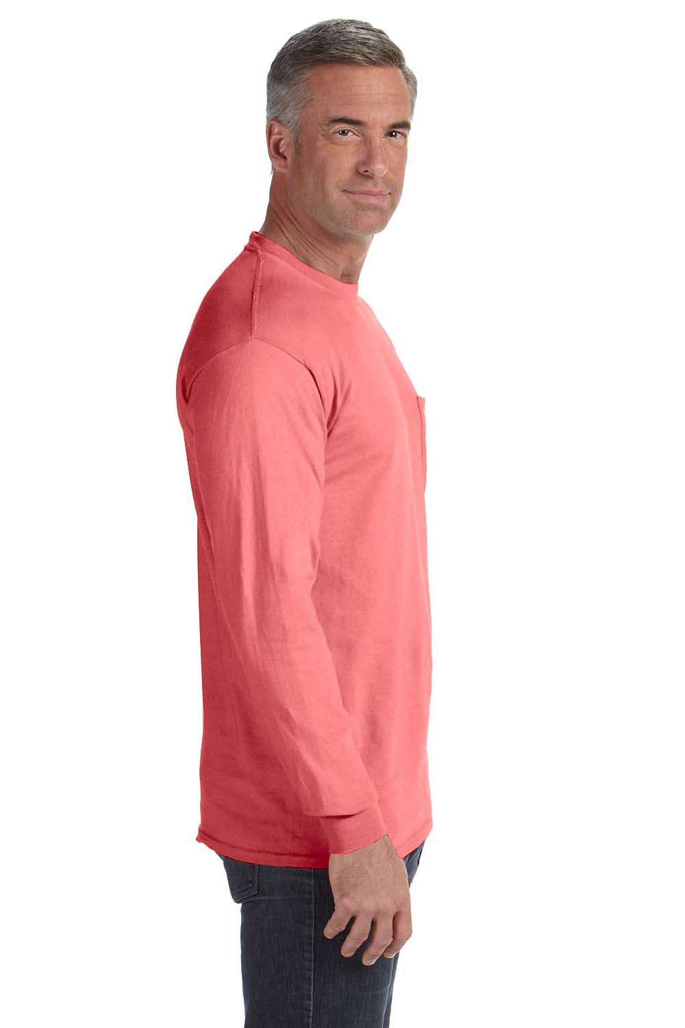 Comfort Colors 4410/C4410 Mens Long Sleeve Crewneck T-Shirt w/ Pocket Watermelon Pink Model Side