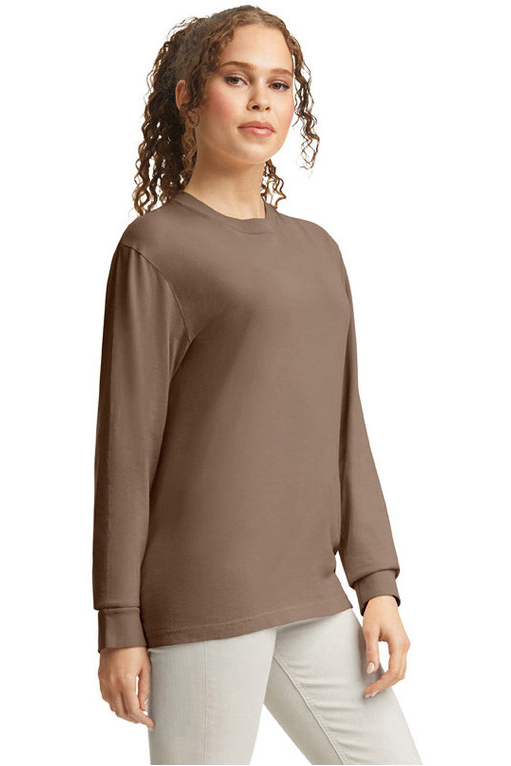 Comfort Colors 6014/C6014 Mens Long Sleeve Crewneck T-Shirt Espresso Brown Model Side