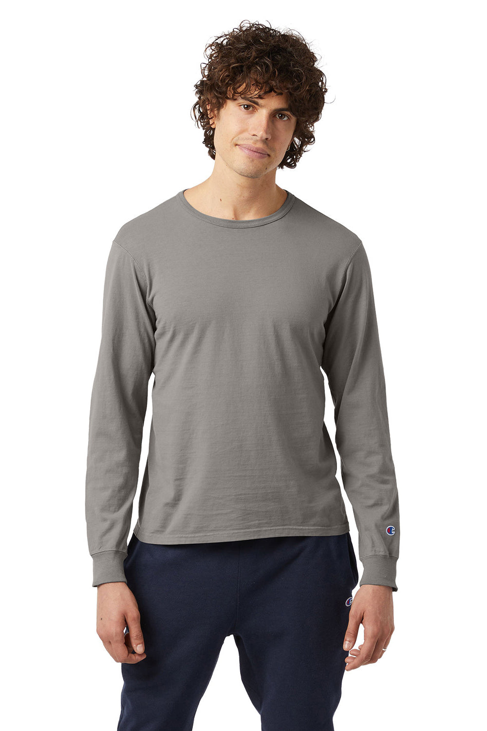 Champion CD200 Mens Garment Dyed Long Sleeve Crewneck T-Shirt Concrete Grey Model Front