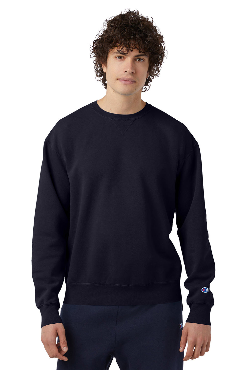 Champion CD400 Mens Garment Dyed Crewneck Sweatshirt Navy Blue Model Front