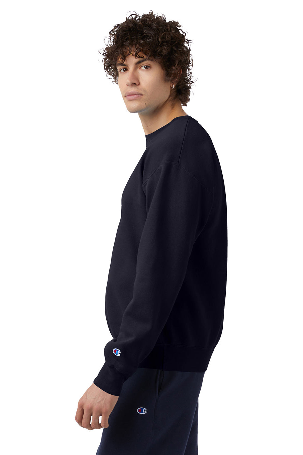 Champion CD400 Mens Garment Dyed Crewneck Sweatshirt Navy Blue Model Side