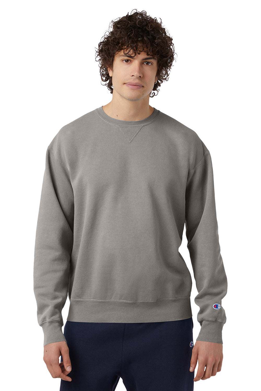 Champion CD400 Mens Garment Dyed Crewneck Sweatshirt Concrete Grey Model Front