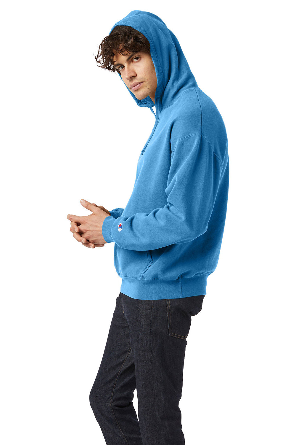 Champion CD450 Mens Garment Dyed Hooded Sweatshirt Hoodie Delicate Blue Model Side