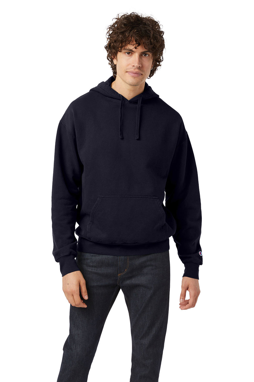 Champion CD450 Mens Garment Dyed Hooded Sweatshirt Hoodie Navy Blue Model Front