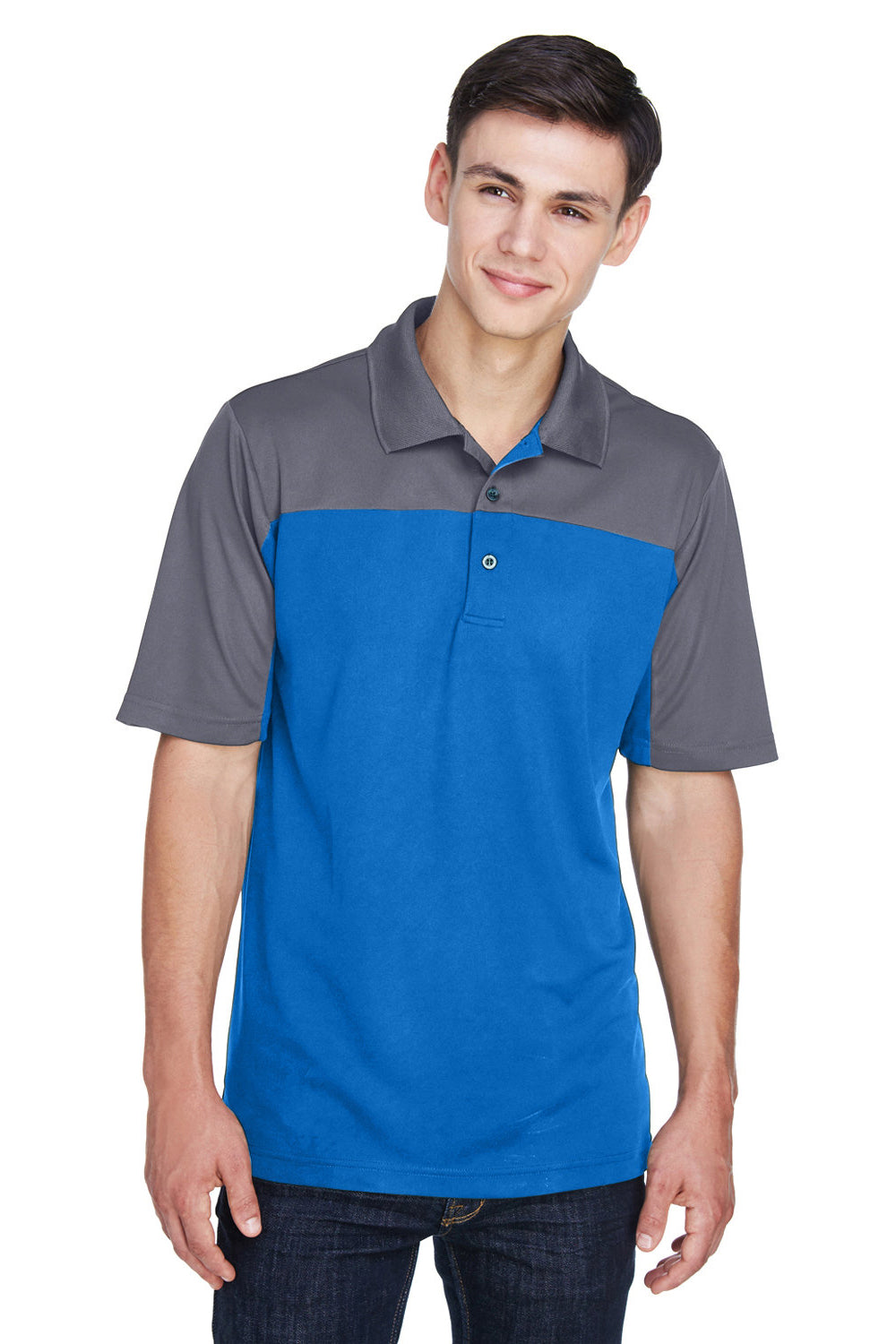 Core 365 CE101 Mens Balance Performance Moisture Wicking Short Sleeve Polo Shirt True Royal Blue/Carbon Grey Model Front