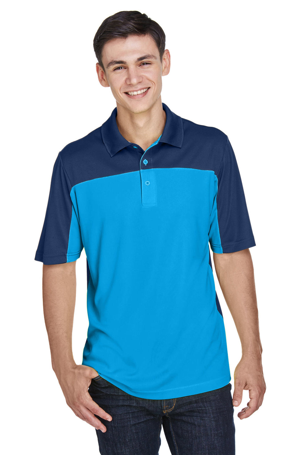 Core 365 CE101 Mens Balance Performance Moisture Wicking Short Sleeve Polo Shirt Electric Blue/Classic Navy Blue Model Front