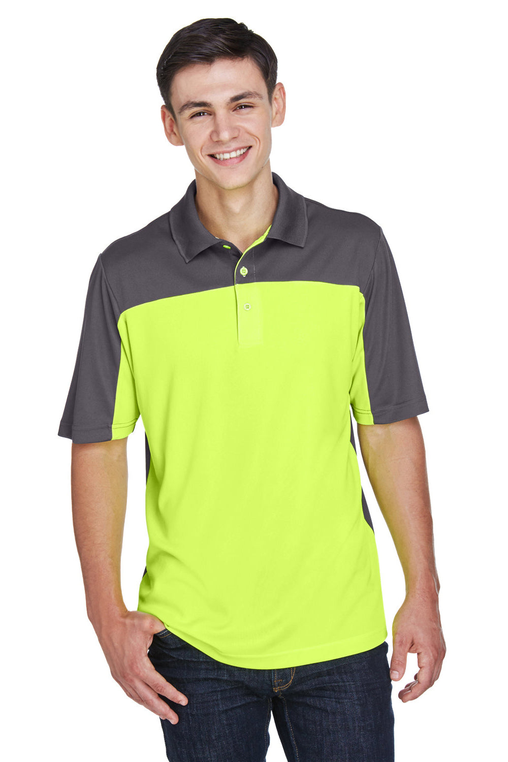 Core 365 CE101 Mens Balance Performance Moisture Wicking Short Sleeve Polo Shirt Safety Yellow/Carbon Grey Model Front