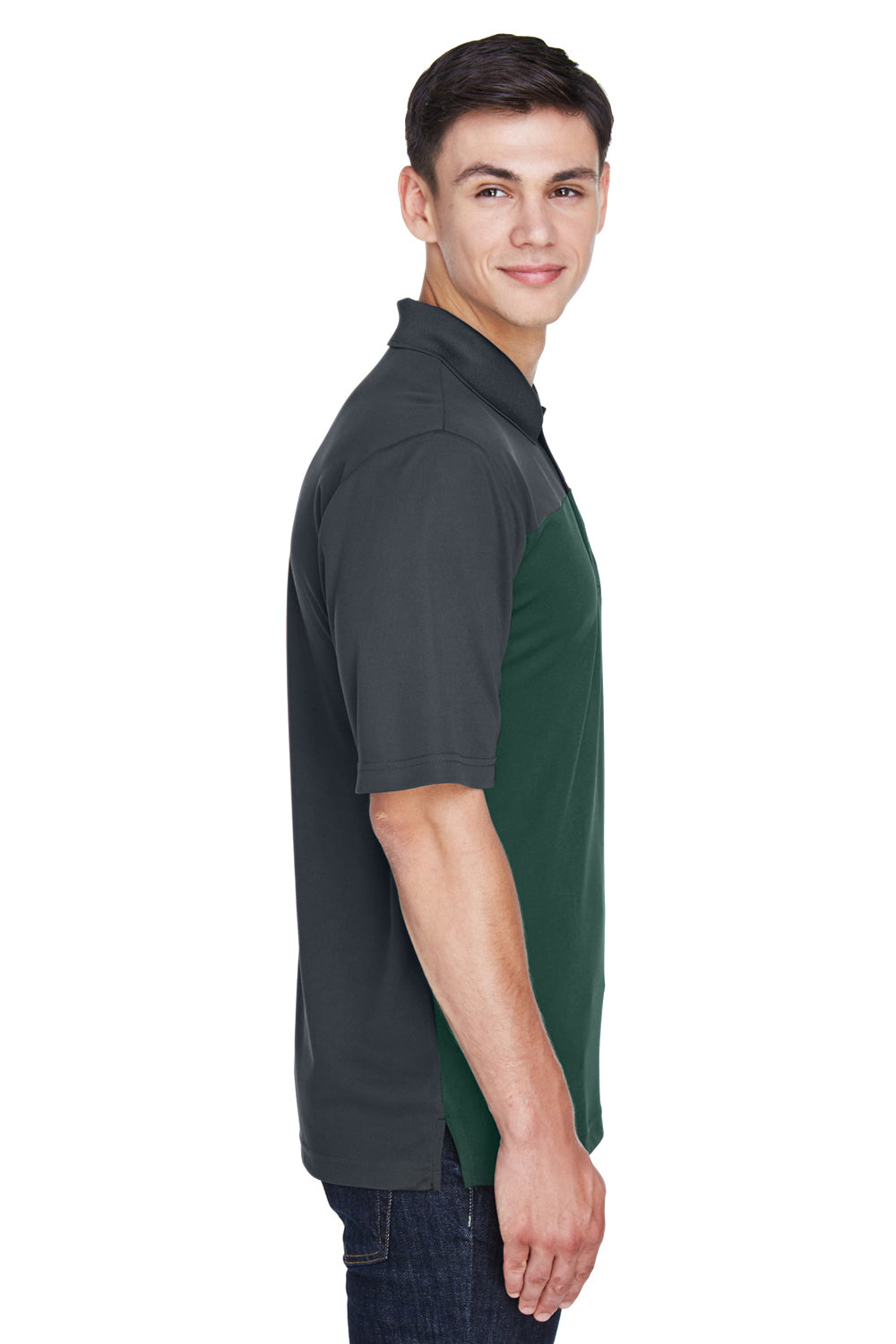 Core 365 CE101 Mens Balance Performance Moisture Wicking Short Sleeve Polo Shirt Forest Green/Carbon Grey Model Side