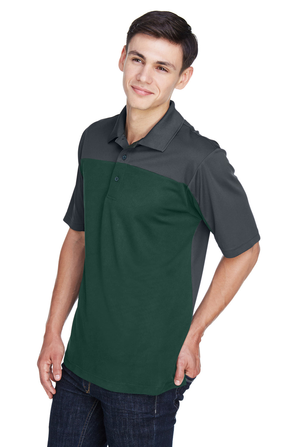 Core 365 CE101 Mens Balance Performance Moisture Wicking Short Sleeve Polo Shirt Forest Green/Carbon Grey Model 3q