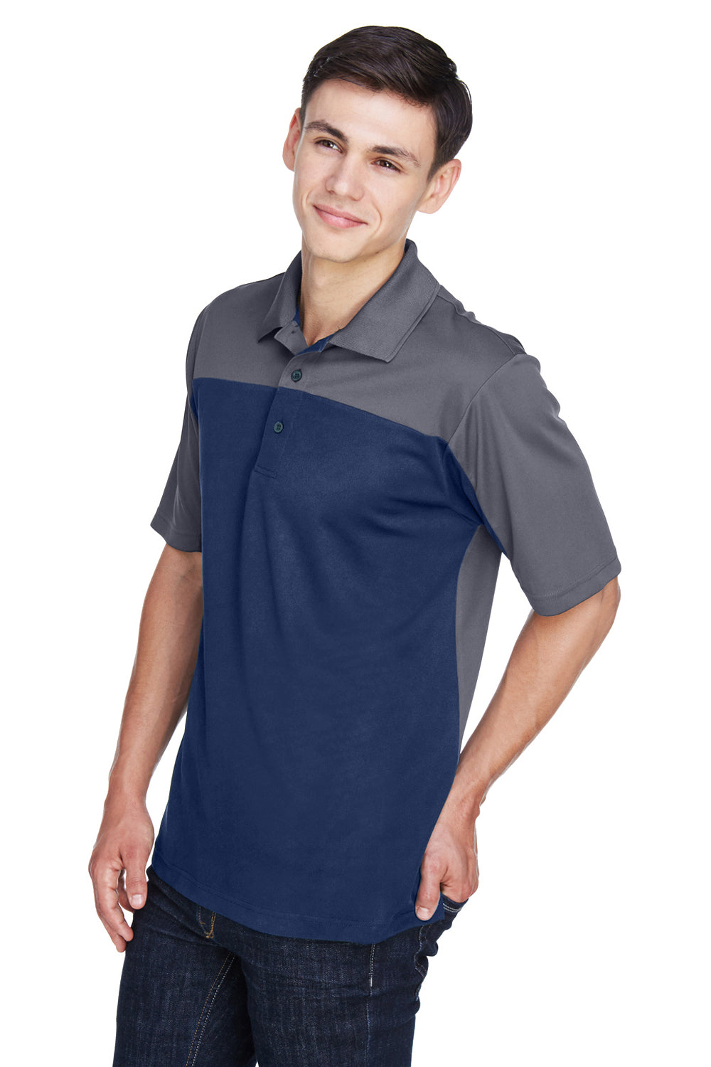 Core 365 CE101 Mens Balance Performance Moisture Wicking Short Sleeve Polo Shirt Classic Navy Blue/Carbon Grey Model 3q