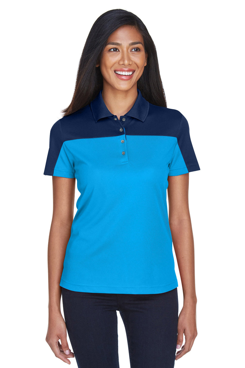 Core 365 CE101W Womens Balance Performance Moisture Wicking Short Sleeve Polo Shirt Electric Blue/Classic Navy Blue Model Front