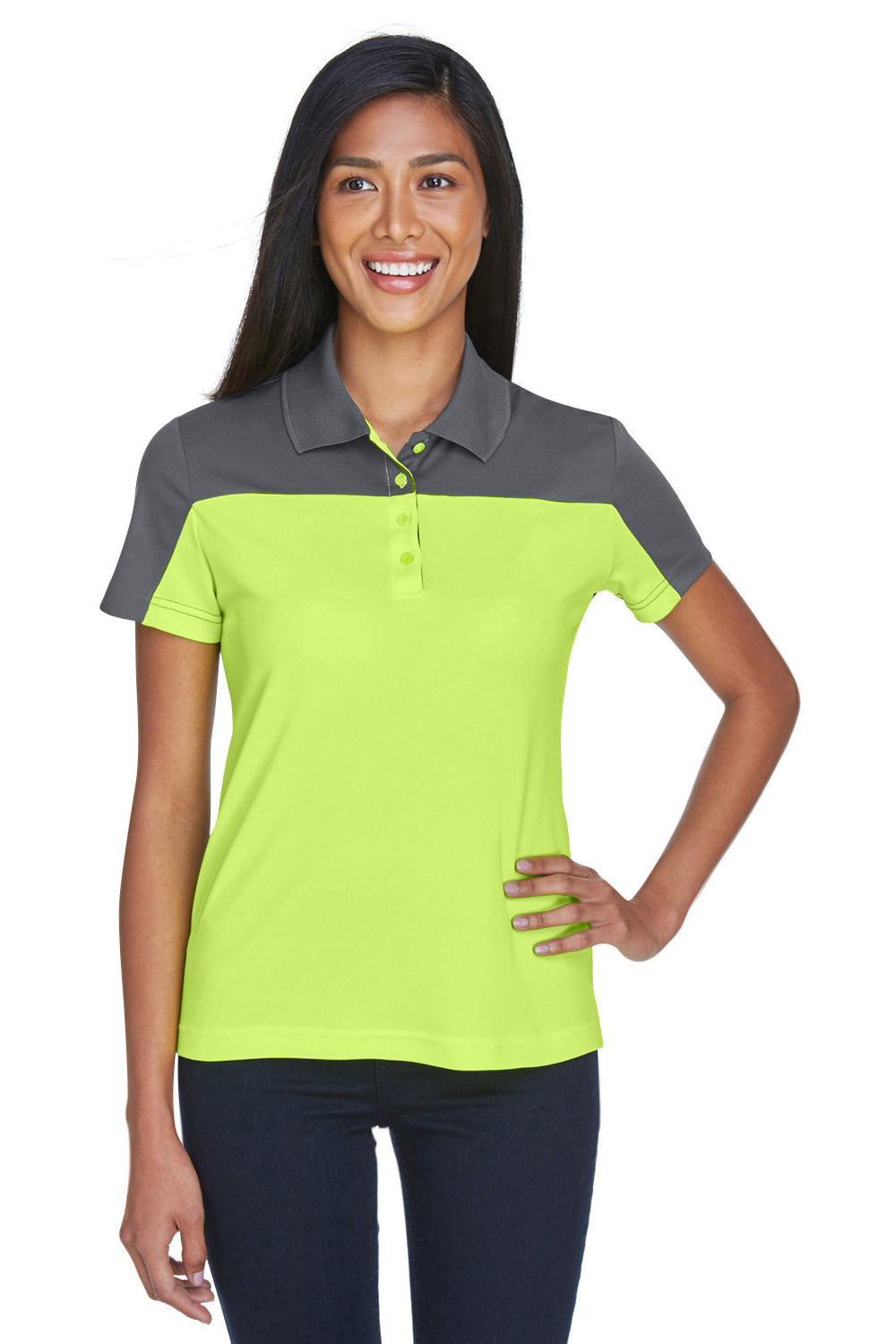 Core 365 CE101W Womens Balance Performance Moisture Wicking Short Sleeve Polo Shirt Safety Yellow/Carbon Grey Model Front