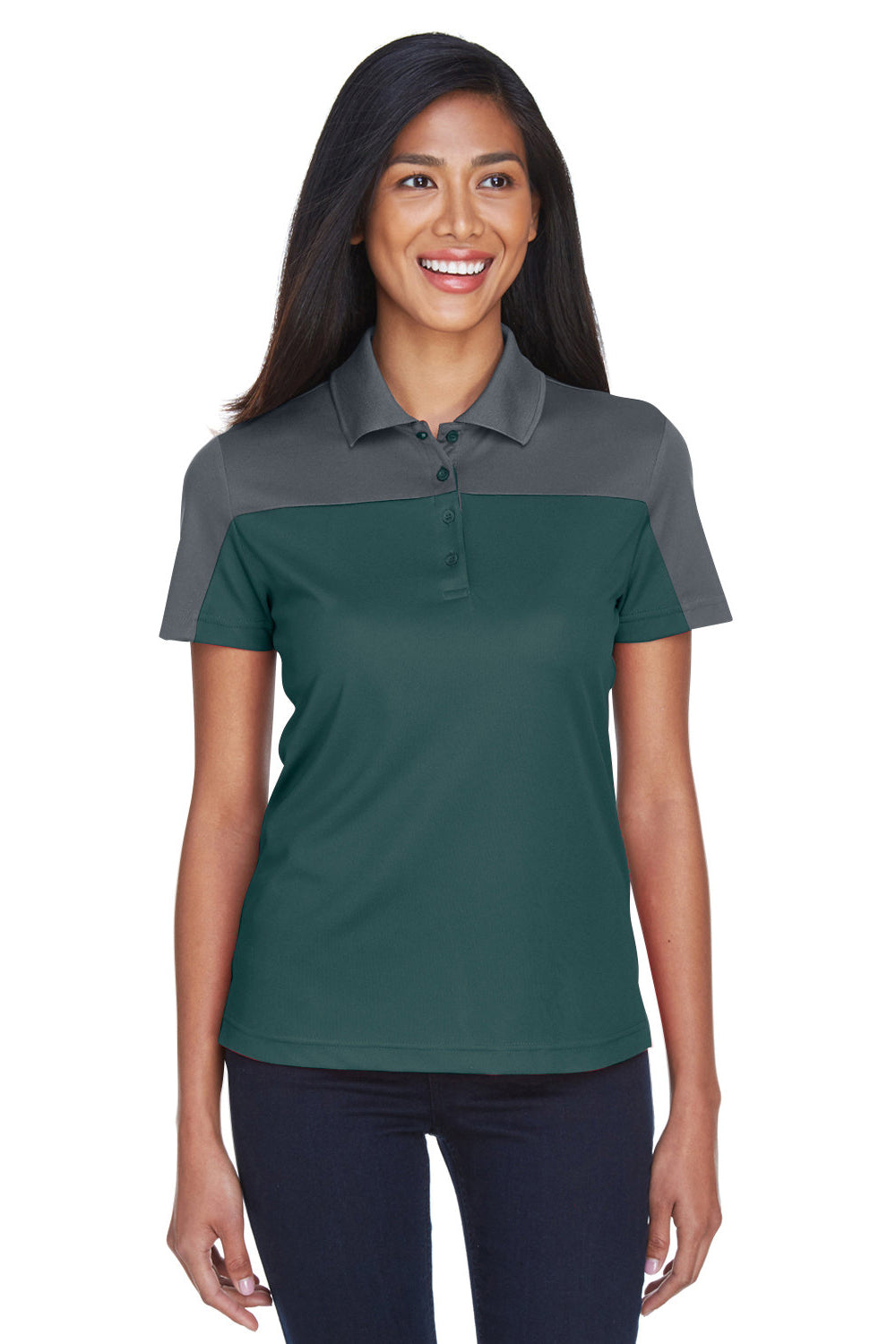 Core 365 CE101W Womens Balance Performance Moisture Wicking Short Sleeve Polo Shirt Forest Green/Carbon Grey Model Front