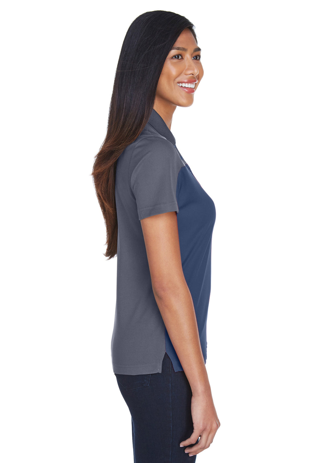 Core 365 CE101W Womens Balance Performance Moisture Wicking Short Sleeve Polo Shirt Classic Navy Blue/Carbon Grey Model Side