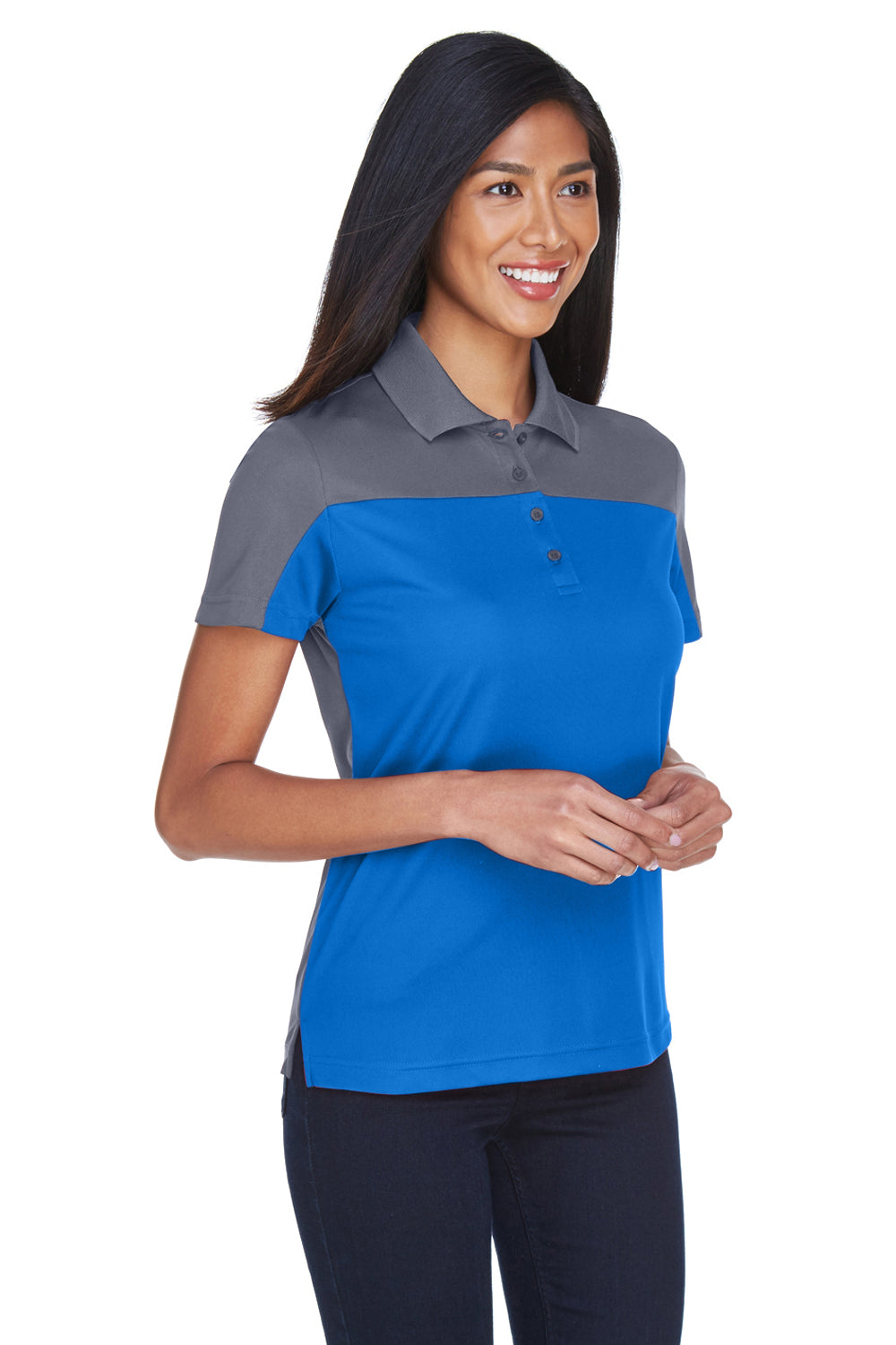 Core 365 CE101W Womens Balance Performance Moisture Wicking Short Sleeve Polo Shirt True Royal Blue/Carbon Grey Model 3q