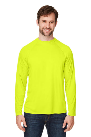 Core 365 CE110 Mens Ultra MVP Raglan Moisture Wicking Long Sleeve Crewneck T-Shirt Safety Yellow Model Front