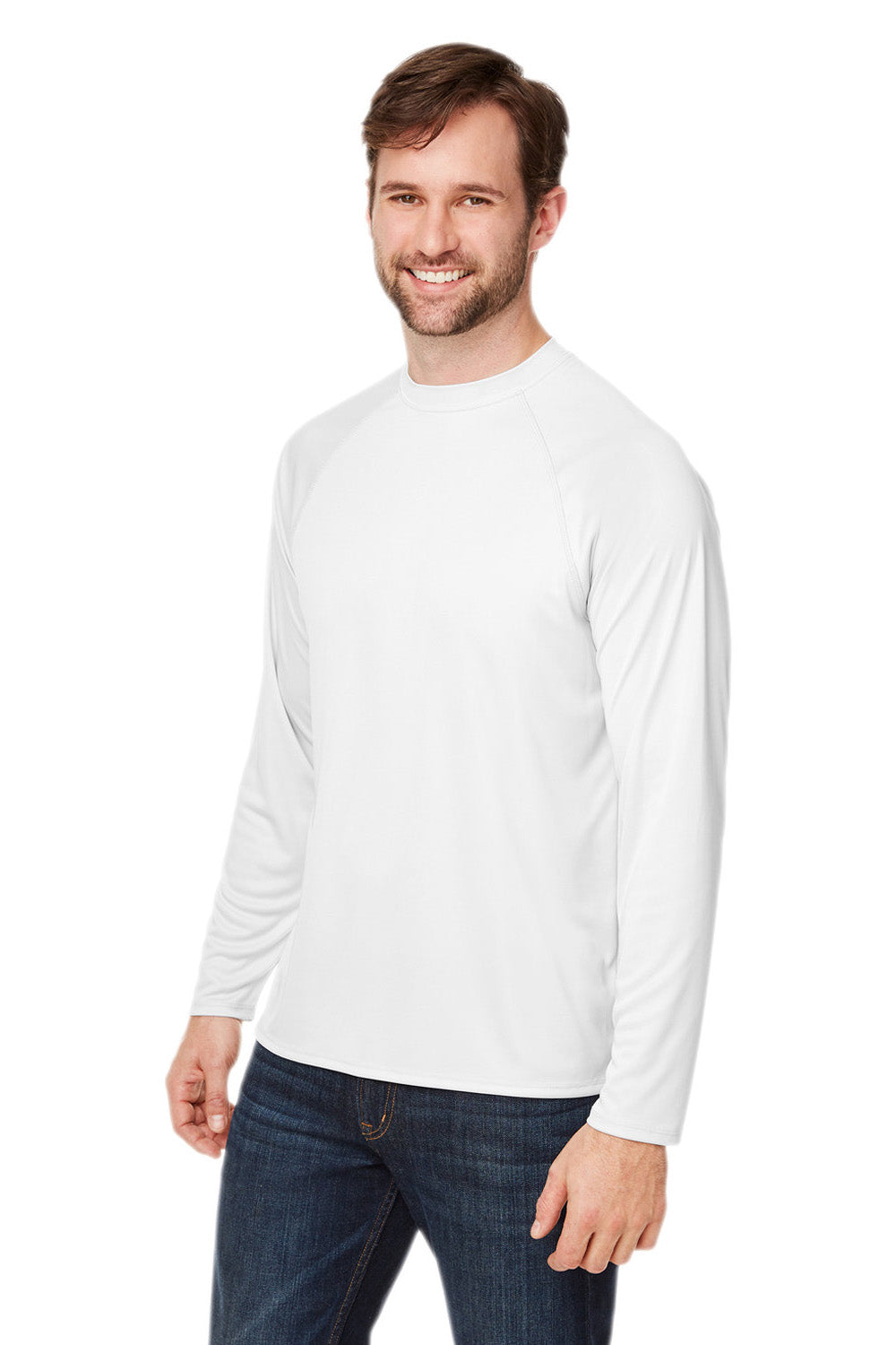 Core 365 CE110 Mens Ultra MVP Raglan Moisture Wicking Long Sleeve Crewneck T-Shirt White Model 3q