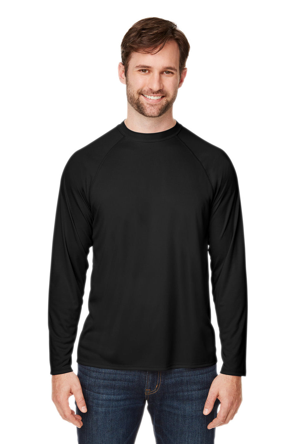 Core 365 CE110 Mens Ultra MVP Raglan Moisture Wicking Long Sleeve Crewneck T-Shirt Black Model Front