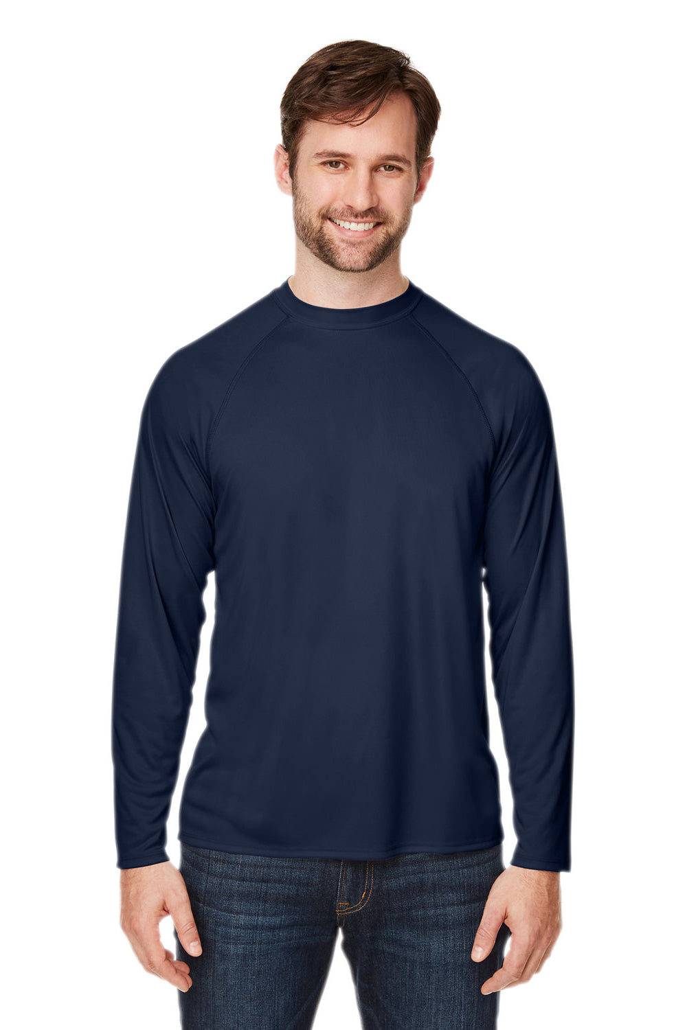 Core 365 CE110 Mens Ultra MVP Raglan Moisture Wicking Long Sleeve Crewneck T-Shirt Classic Navy Blue Model Front