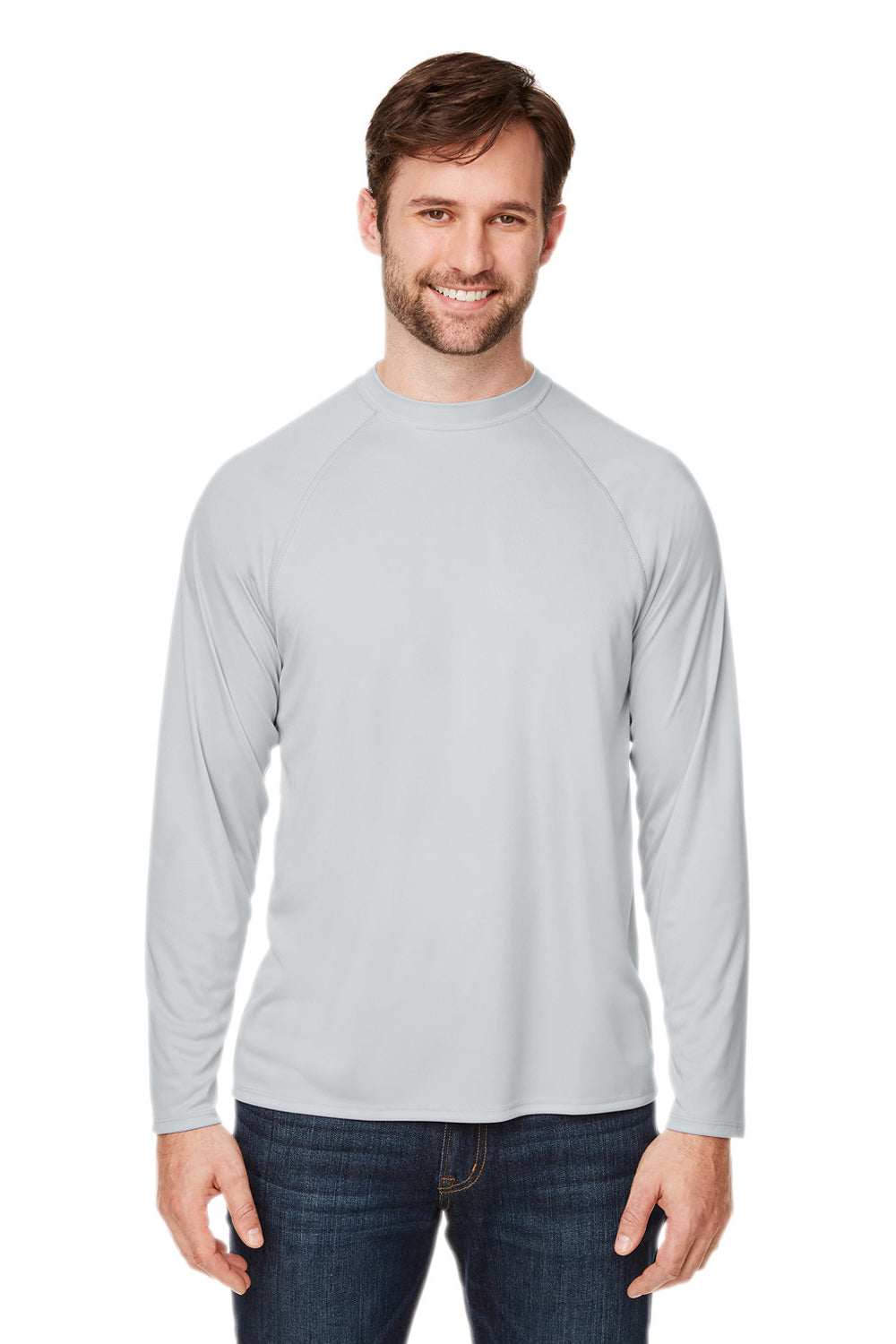 Core 365 CE110 Mens Ultra MVP Raglan Moisture Wicking Long Sleeve Crewneck T-Shirt Platinum Grey Model Front