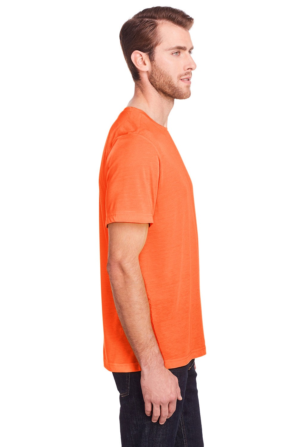 Core 365 CE111 Mens Fusion ChromaSoft Performance Moisture Wicking Short Sleeve Crewneck T-Shirt Campus Orange Model Side