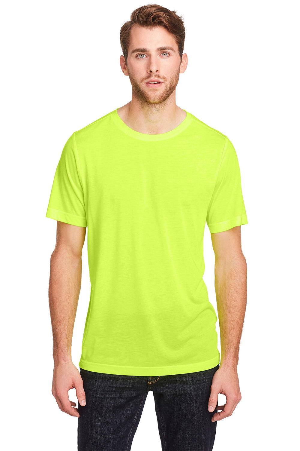 Core 365 CE111 Mens Fusion ChromaSoft Performance Moisture Wicking Short Sleeve Crewneck T-Shirt Safety Yellow Model Front