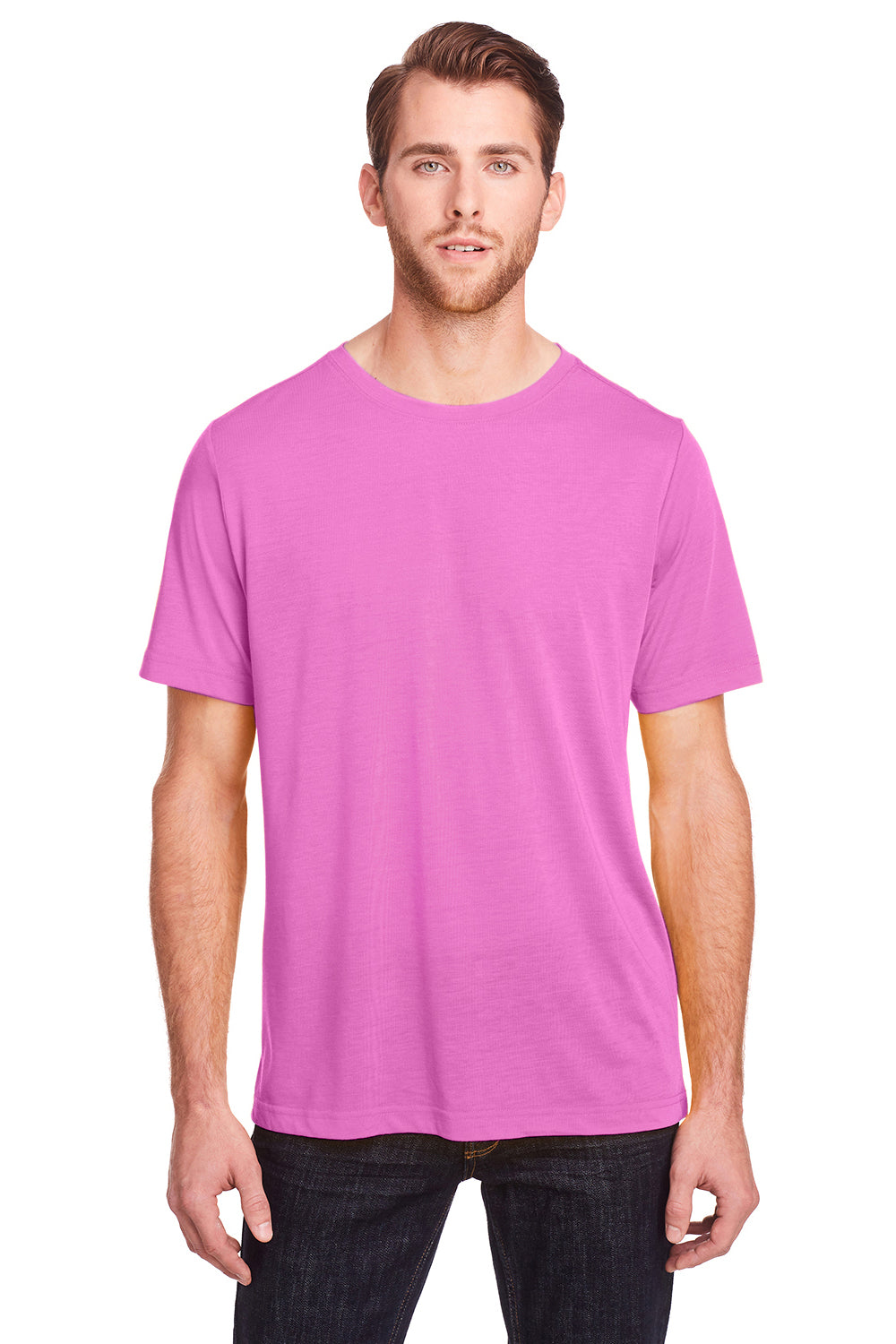 Core 365 CE111 Mens Fusion ChromaSoft Performance Moisture Wicking Short Sleeve Crewneck T-Shirt Charity Pink Model Front