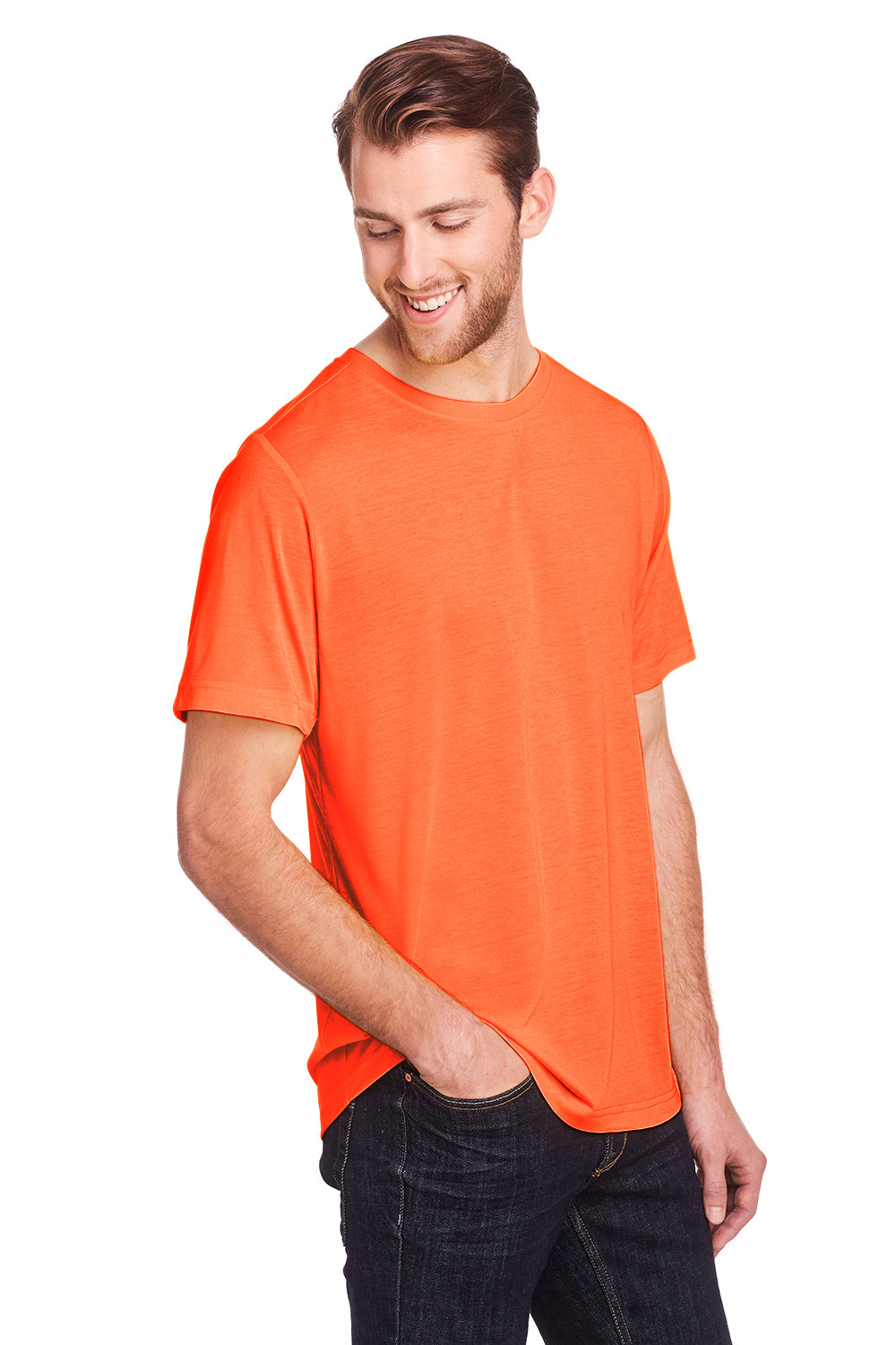 Core 365 CE111 Mens Fusion ChromaSoft Performance Moisture Wicking Short Sleeve Crewneck T-Shirt Campus Orange Model 3q