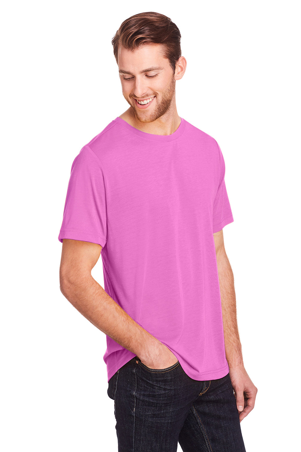 Core 365 CE111 Mens Fusion ChromaSoft Performance Moisture Wicking Short Sleeve Crewneck T-Shirt Charity Pink Model 3q