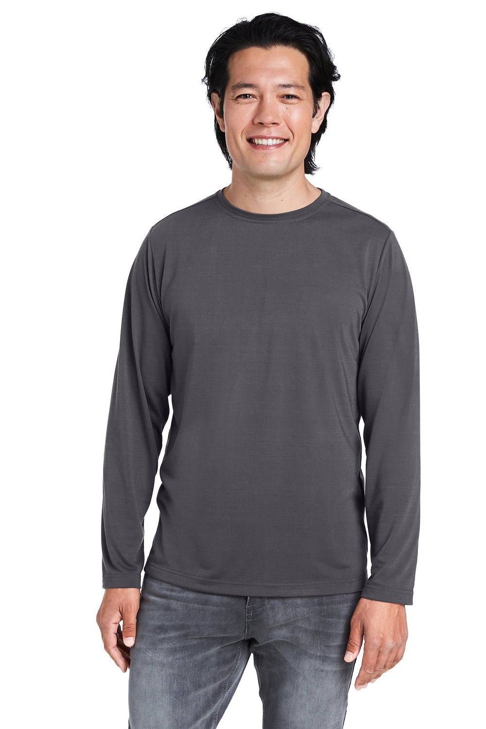 Core 365 CE111L Mens Fusion ChromaSoft Performance Moisture Wicking Long Sleeve Crewneck T-Shirt Carbon Grey Model Front