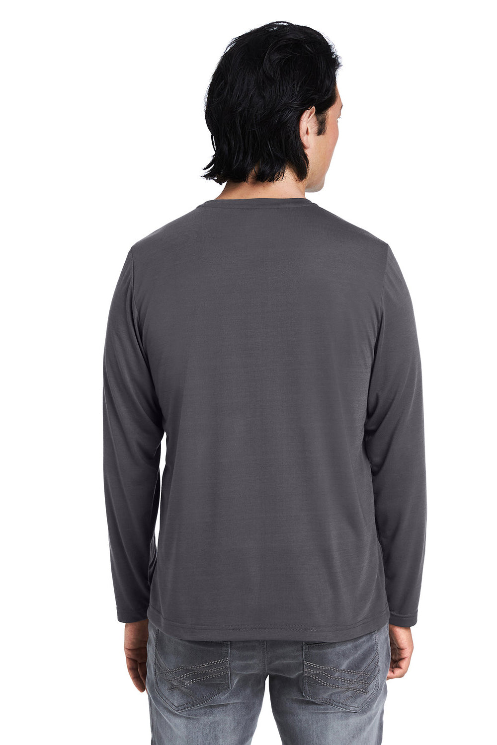 Core 365 CE111L Mens Fusion ChromaSoft Performance Moisture Wicking Long Sleeve Crewneck T-Shirt Carbon Grey Model Back